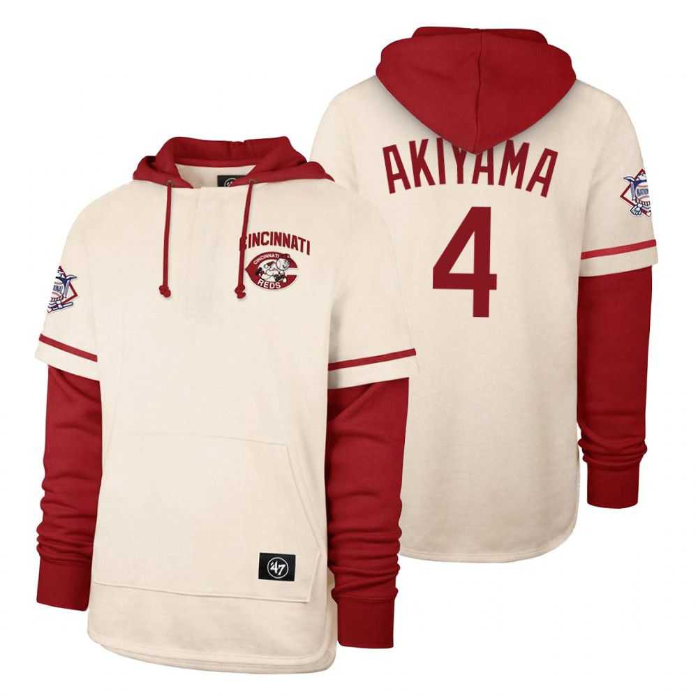 Men Cincinnati Reds 4 Akiyama Cream 2021 Pullover Hoodie MLB Jersey